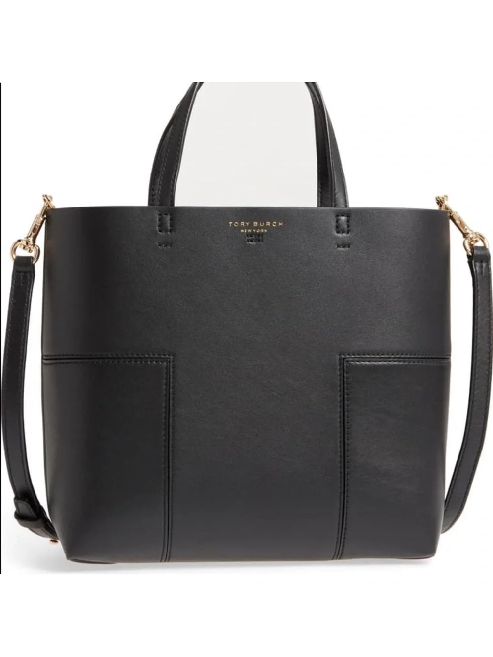 Tory Burch Black Leather Shoulder Tote with Gold Hardware